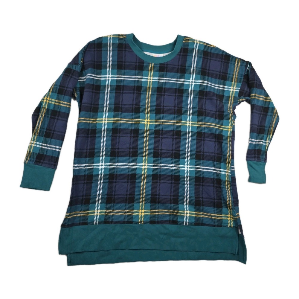 LuLaRoe Teal Blue Plaid Tunic Sweatshirt Large Long Sleeve Crew Neck Pullover